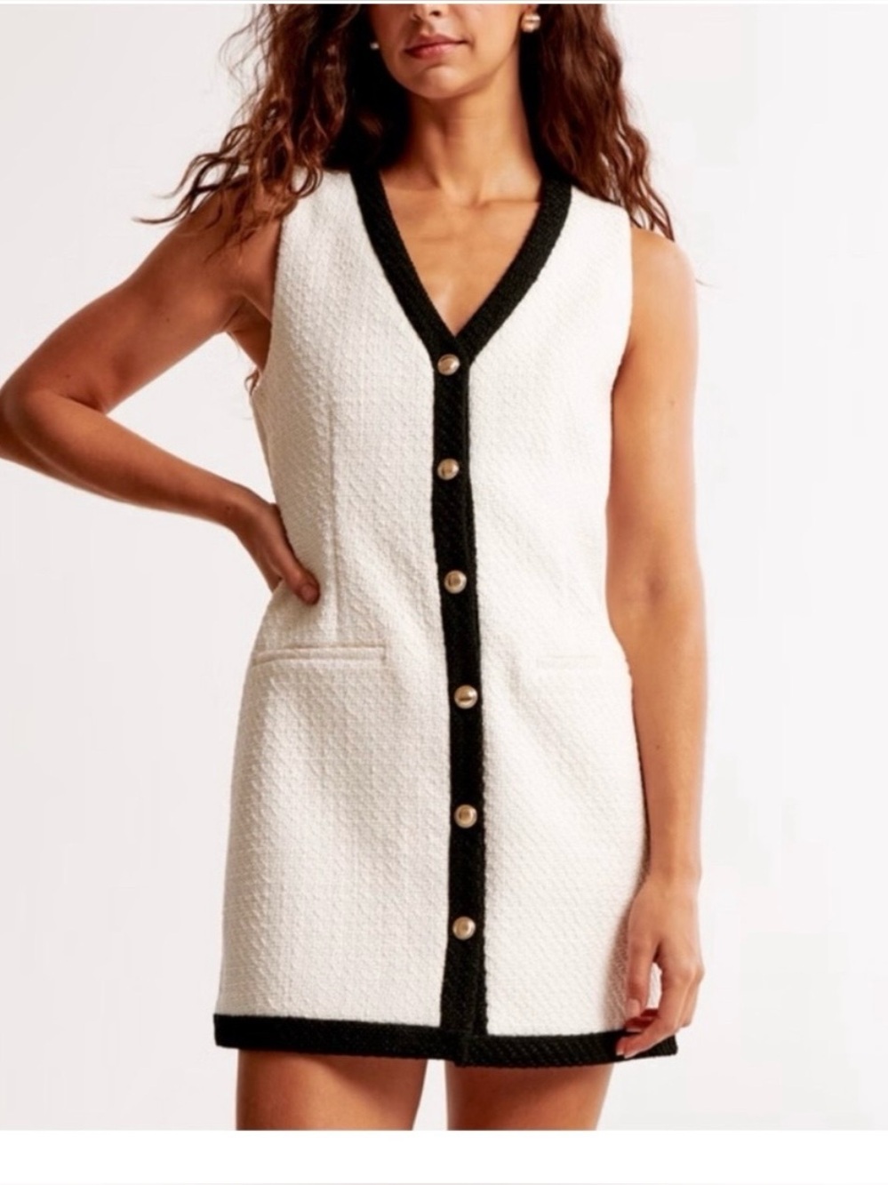 Abercrombie & Fitch Sleeveless White Tweed Button Front Dress with Black Trim